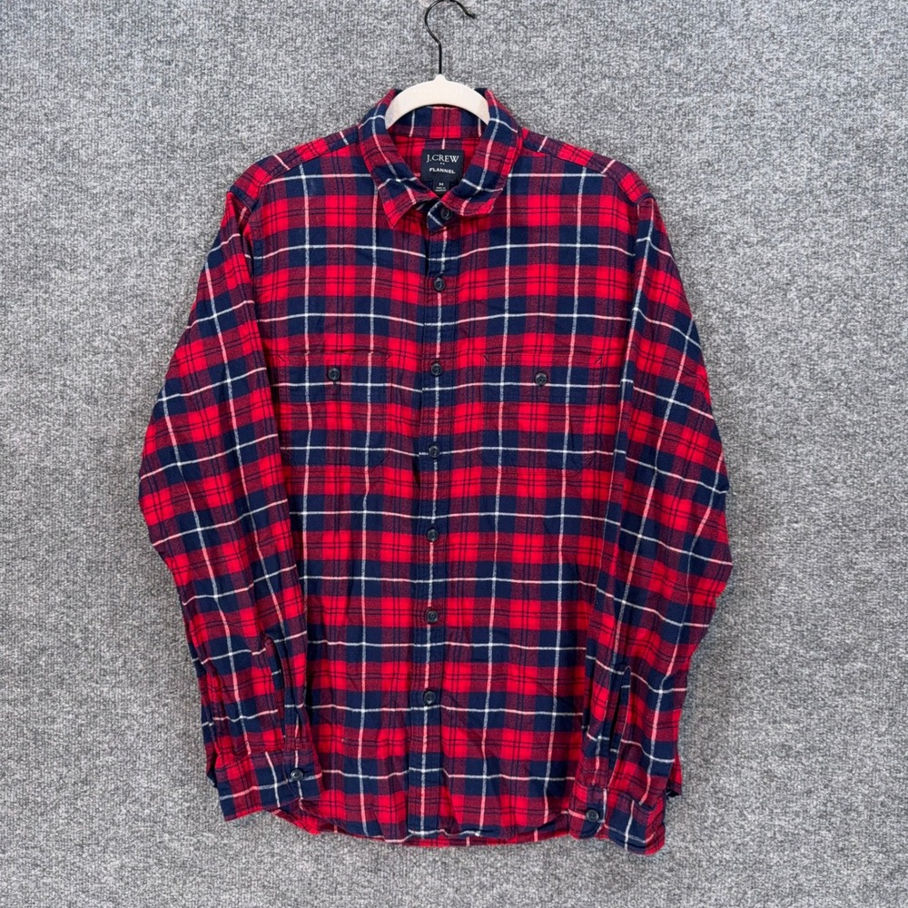 J.Crew Flannel Shirt Mens Medium Red Plaid Button Up Long Sleeve Cotton Classic